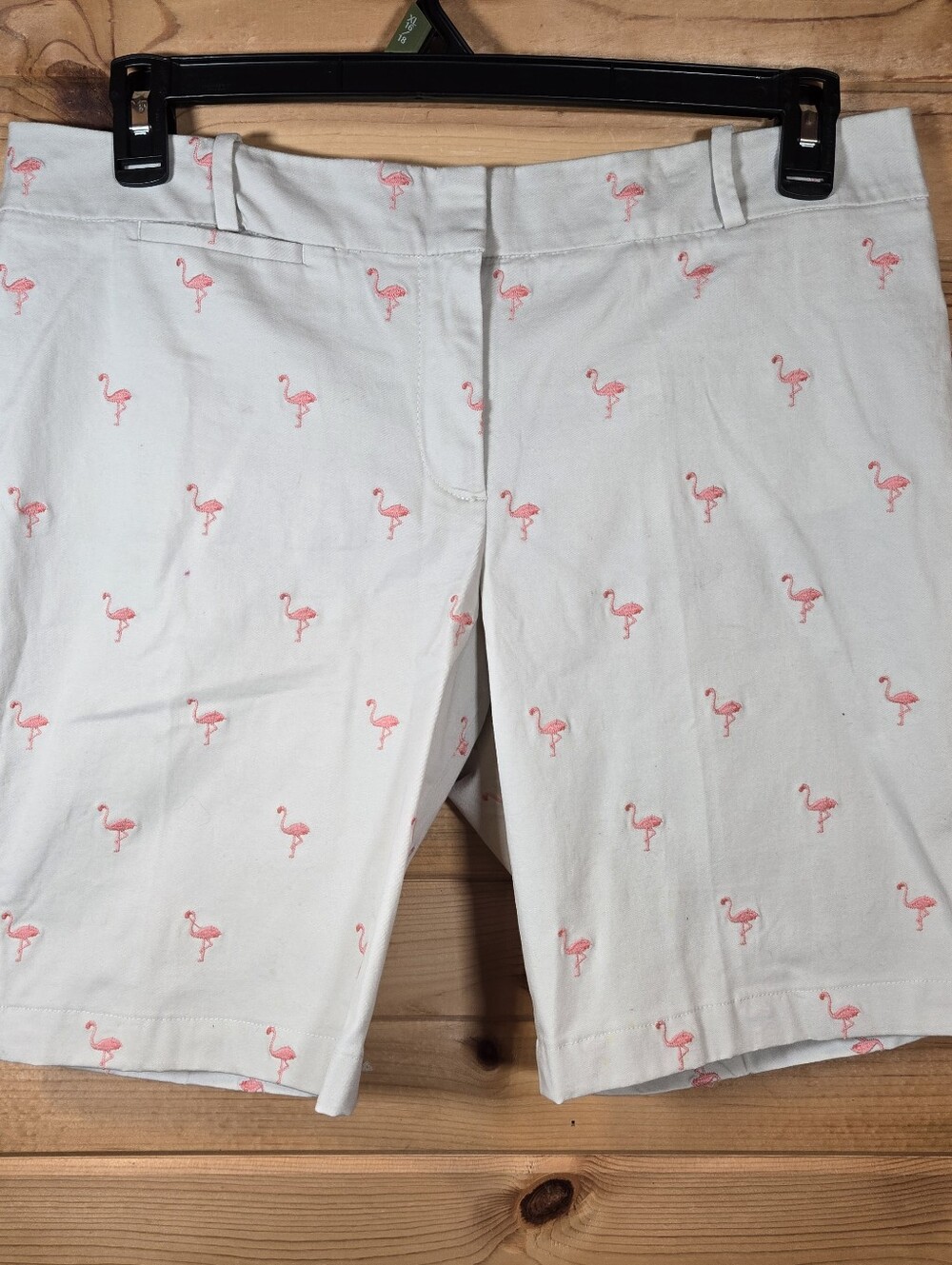 Talbots Signature Shorts 12P Tan All Over Embroidered Flamingos Summer Beach EUC